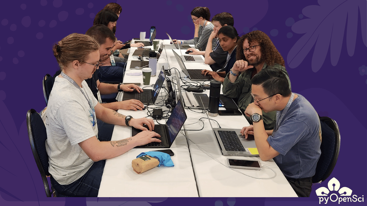 Three people collaborating during a pyOpenSci sprint.